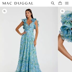 Mac Duggal Blue Ruffle Tiered Floral Cut-Out Chiffon Gown